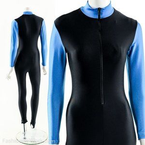 COLORBLOCK NEOPRENE JUMPSUIT,Black Blue Leotard,Vintage 80s Catsuit,stirrup jump